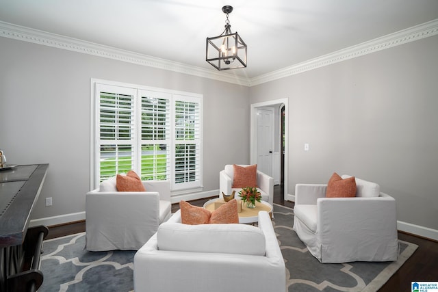 2563 Aspen Cove Dr, Vestavia Hills, AL 35243 - living area featuring a chandelier, ornamental molding, baseboards, and wood finished floors