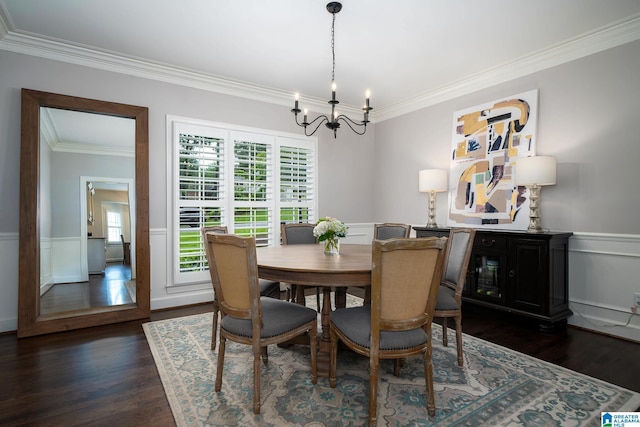2563 Aspen Cove Dr, Vestavia Hills, AL 35243 - dining space featuring ornamental molding, dark wood-type flooring, a chandelier, a wainscoted wall, and a decorative wall