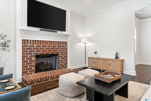 2982 Kelham Grove Way, Birmingham, AL 35242 - living room featuring wood finished floors, crown molding, a fireplace, and baseboards
