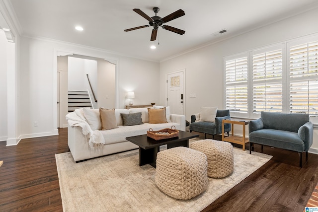 2982 Kelham Grove Way, Birmingham, AL 35242 - living room featuring dark wood finished floors, crown molding, stairway, ceiling fan, and recessed lighting