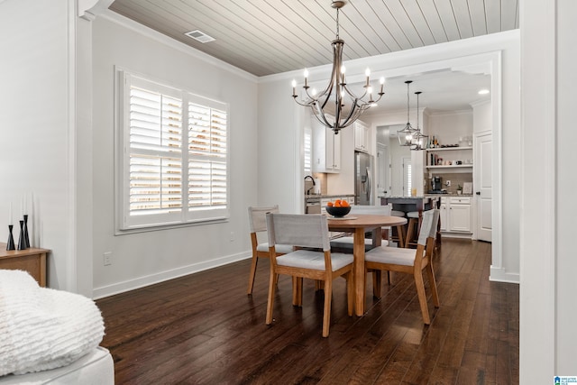 2982 Kelham Grove Way, Birmingham, AL 35242 - dining space with a chandelier, ornamental molding, dark wood-style floors, baseboards, and wooden ceiling
