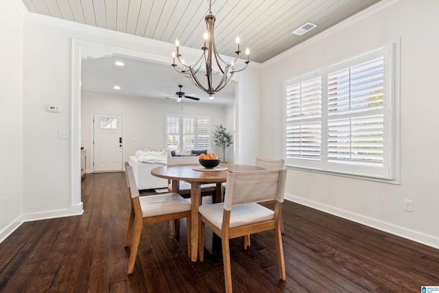 2982 Kelham Grove Way, Birmingham, AL 35242 - dining space featuring a chandelier, crown molding, dark wood finished floors, baseboards, and wood ceiling