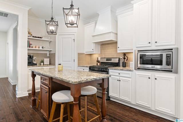 2982 Kelham Grove Way, Birmingham, AL 35242 - kitchen featuring stainless steel appliances, custom range hood, open shelves, white cabinetry, and dark wood-style flooring
