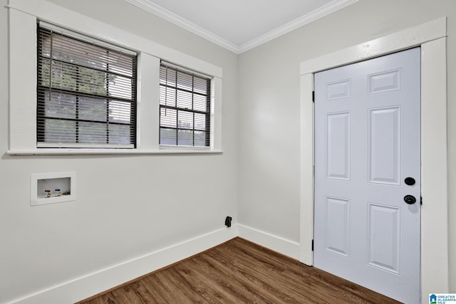 809 15th St W, Birmingham, AL 35208 - laundry area with hookup for a washing machine, ornamental molding, dark wood-type flooring, and baseboards