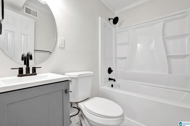 809 15th St W, Birmingham, AL 35208 - bathroom featuring crown molding, tub / shower combination, toilet, vanity, and marble finish floors