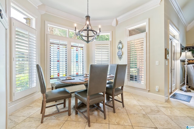 1272 Highland Lakes Trl, Birmingham, AL 35242 - dining area featuring crown molding, a chandelier, baseboards, and light tile patterned floors