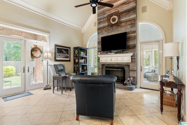1272 Highland Lakes Trl, Birmingham, AL 35242 - living room featuring light tile patterned floors, ceiling fan, high vaulted ceiling, french doors, and a fireplace