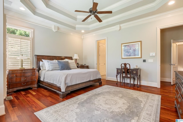 1272 Highland Lakes Trl, Birmingham, AL 35242 - bedroom with dark wood-style floors, a raised ceiling, ornamental molding, baseboards, and ceiling fan