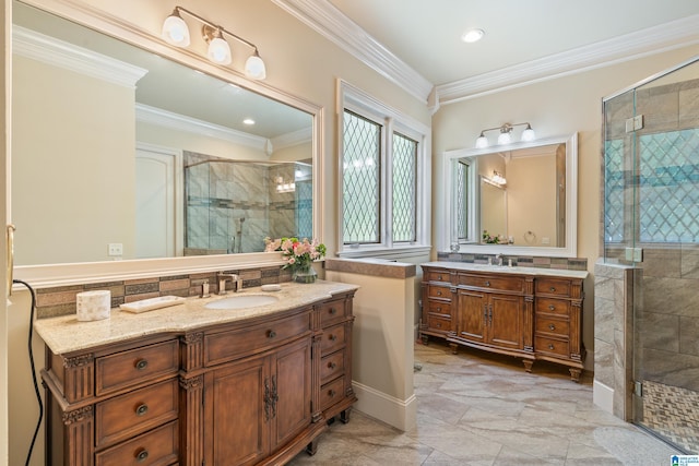 1272 Highland Lakes Trl, Birmingham, AL 35242 - full bathroom featuring a stall shower, two vanities, crown molding, and recessed lighting