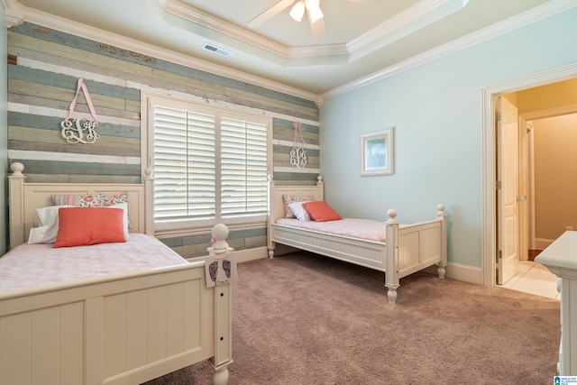 1272 Highland Lakes Trl, Birmingham, AL 35242 - bedroom with a tray ceiling, carpet floors, crown molding, and a ceiling fan
