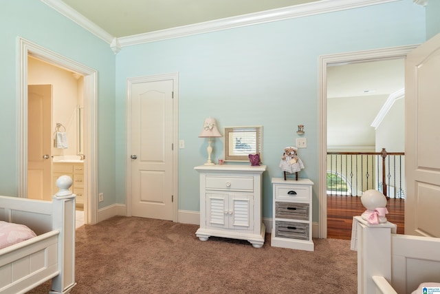 1272 Highland Lakes Trl, Birmingham, AL 35242 - bedroom with light carpet, crown molding, and ensuite bathroom