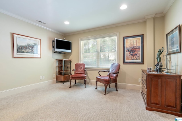 1272 Highland Lakes Trl, Birmingham, AL 35242 - sitting room featuring light carpet, baseboards, crown molding, and recessed lighting