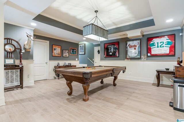 1272 Highland Lakes Trl, Birmingham, AL 35242 - game room featuring crown molding, a raised ceiling, a wainscoted wall, pool table, and wood finished floors