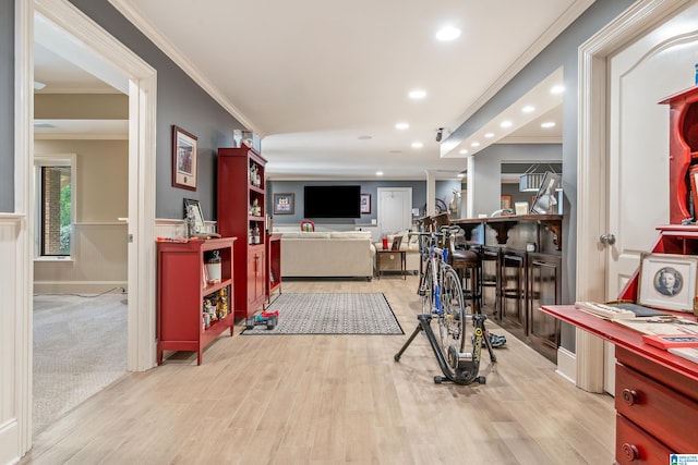 1272 Highland Lakes Trl, Birmingham, AL 35242 - workout room featuring crown molding, light wood-style floors, recessed lighting, and wainscoting