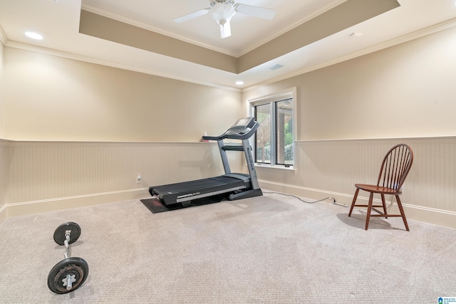 1272 Highland Lakes Trl, Birmingham, AL 35242 - exercise room with wainscoting, carpet floors, crown molding, a ceiling fan, and a raised ceiling