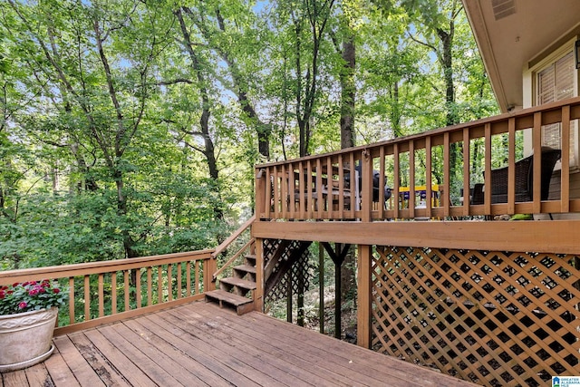2013 Crossvine Rd, Hoover, AL 35244 - wooden terrace featuring stairs and view of scattered trees