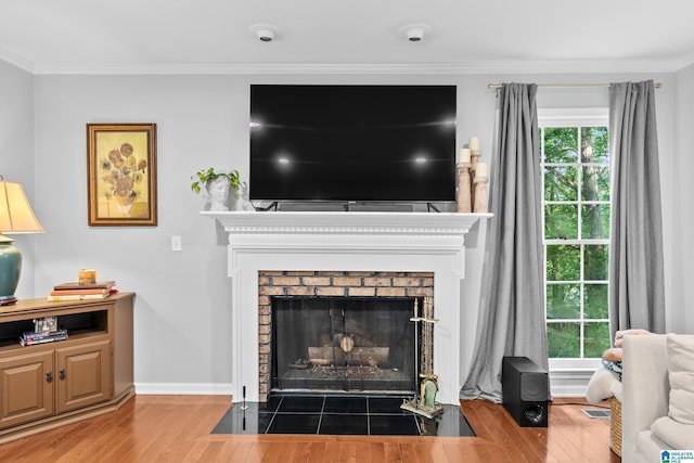 2013 Crossvine Rd, Hoover, AL 35244 - living area with wood finished floors, a fireplace, crown molding, and baseboards