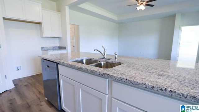 629 Fish Camp Rd, Chelsea, AL 35043 - kitchen with a sink, dishwashing machine, white cabinets, light stone counters, and dark wood finished floors
