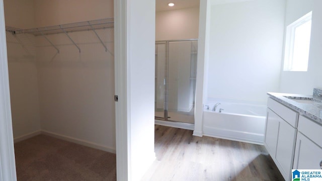 629 Fish Camp Rd, Chelsea, AL 35043 - full bath with a stall shower, vanity, a garden tub, a walk in closet, and wood finished floors