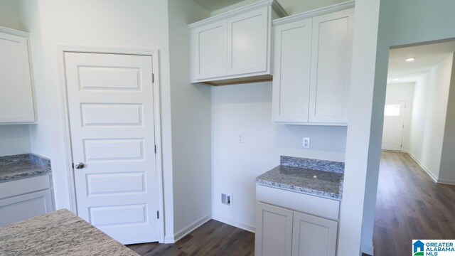 629 Fish Camp Rd, Chelsea, AL 35043 - kitchen featuring dark wood-type flooring, light stone countertops, white cabinets, baseboards, and recessed lighting
