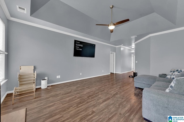 2304 Spaulding Pl, Moody, AL 35004 - living room featuring dark wood-style flooring, a ceiling fan, baseboards, crown molding, and a high ceiling