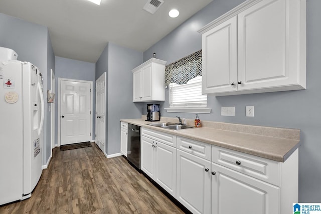 2304 Spaulding Pl, Moody, AL 35004 - kitchen with white refrigerator with ice dispenser, a sink, dishwashing machine, white cabinetry, and dark wood-style floors