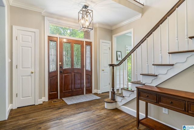 3709 Carisbrooke Dr, Hoover, AL 35226 - entryway with dark wood-style floors, stairs, crown molding, baseboards, and a chandelier