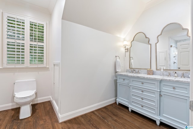 409 Euclid Ave, Mountain Brook, AL 35213 - full bathroom with double vanity, wood finished floors, toilet, baseboards, and vaulted ceiling