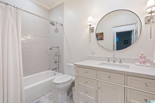 409 Euclid Ave, Mountain Brook, AL 35213 - bathroom featuring toilet, vanity, shower / bathtub combination with curtain, and tile patterned floors