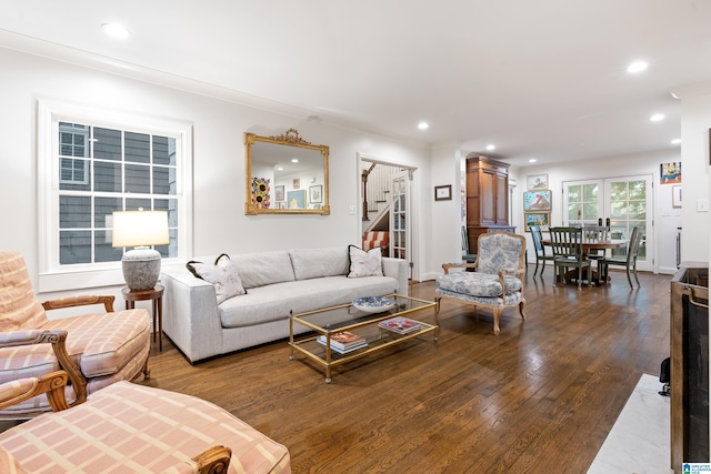 409 Euclid Ave, Mountain Brook, AL 35213 - living room featuring dark wood-style flooring, stairs, recessed lighting, and baseboards