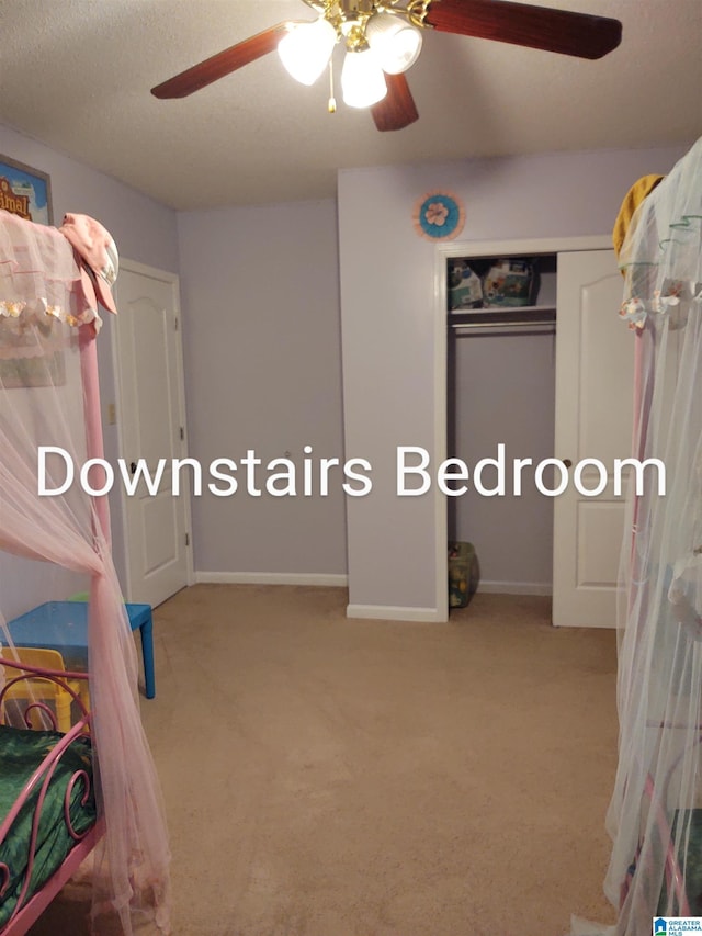 3409 Red Valley Rd, Remlap, AL 35133 - carpeted bedroom with ceiling fan, baseboards, and a textured ceiling