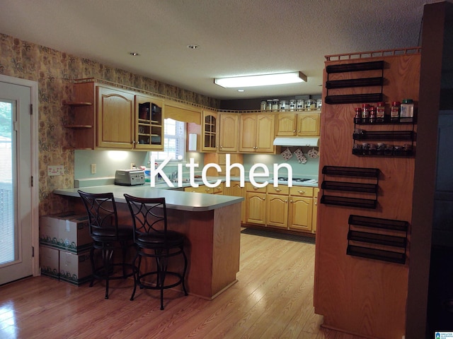 3409 Red Valley Rd, Remlap, AL 35133 - kitchen featuring a peninsula, open shelves, light wood finished floors, under cabinet range hood, and wallpapered walls