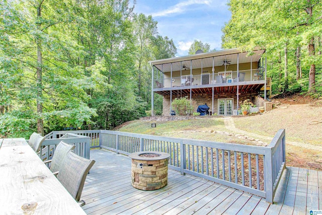 86 Waters Dr, Wedowee, AL 36278 - wooden terrace featuring an outdoor fire pit and a ceiling fan