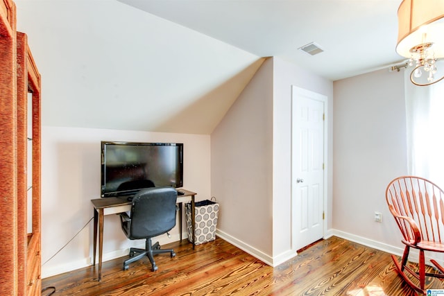 86 Waters Dr, Wedowee, AL 36278 - home office featuring wood finished floors, baseboards, lofted ceiling, and a chandelier