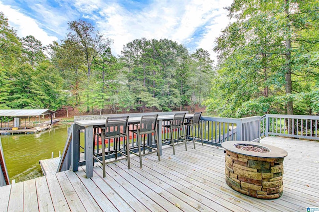 86 Waters Dr, Wedowee, AL 36278 - wooden terrace featuring a fire pit, a water view, and a dock