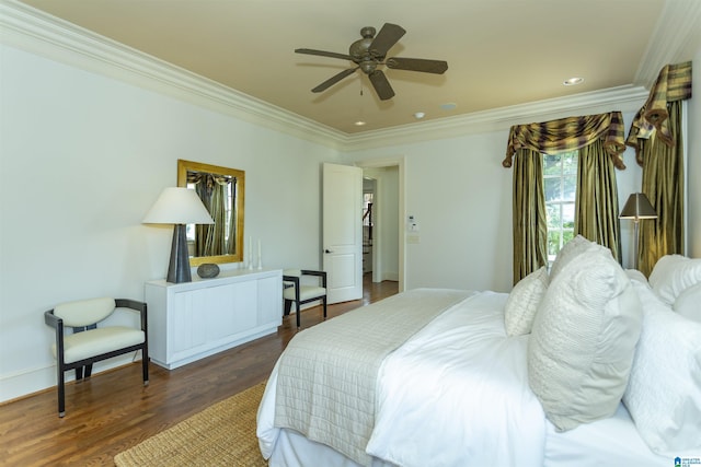 4338 Kings Mountain Rdg, Vestavia Hills, AL 35242 - bedroom with ornamental molding, dark wood-style floors, recessed lighting, baseboards, and a ceiling fan