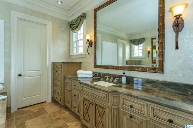 4338 Kings Mountain Rdg, Vestavia Hills, AL 35242 - bathroom with vanity, stone finish flooring, and ornamental molding