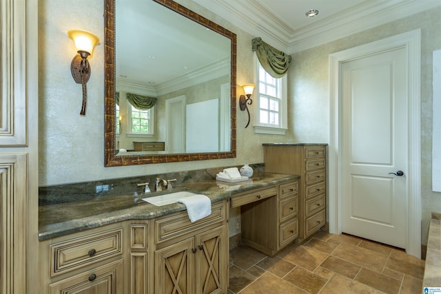 4338 Kings Mountain Rdg, Vestavia Hills, AL 35242 - bathroom with vanity, stone finish flooring, and ornamental molding