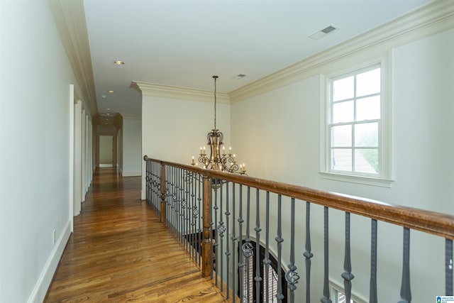 4338 Kings Mountain Rdg, Vestavia Hills, AL 35242 - corridor with a chandelier, wood finished floors, crown molding, an upstairs landing, and recessed lighting