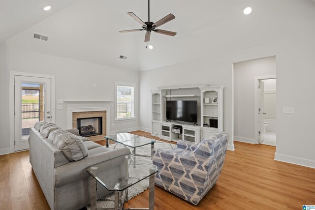 173 Atlantic Ln, Birmingham, AL 35242 - living area with high vaulted ceiling, light wood-style floors, ceiling fan, baseboards, and recessed lighting