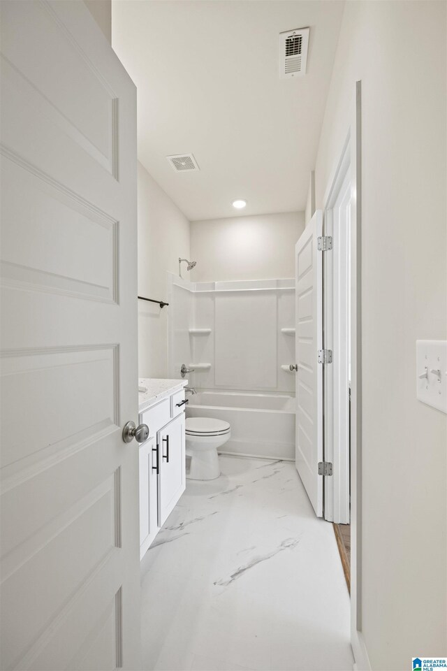 173 Atlantic Ln, Birmingham, AL 35242 - bathroom with toilet, vanity, shower / bathtub combination, marble look tile flooring, and recessed lighting