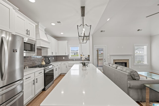 173 Atlantic Ln, Birmingham, AL 35242 - kitchen with stainless steel appliances, open floor plan, premium range hood, backsplash, and light countertops