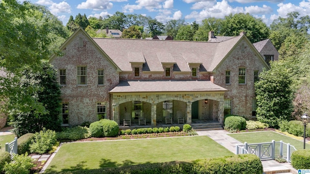 3242 Country Club Rd, Mountain Brook, AL 35213 - view of front of property featuring covered porch, a gate, brick siding, and a chimney