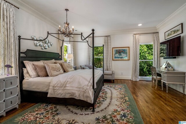 3242 Country Club Rd, Mountain Brook, AL 35213 - bedroom with crown molding, wood finished floors, multiple windows, a chandelier, and baseboards