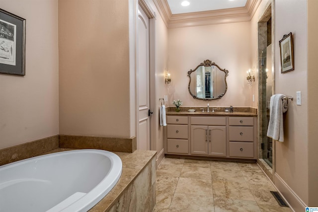 3242 Country Club Rd, Mountain Brook, AL 35213 - full bathroom with vanity, a garden tub, ornamental molding, and a stall shower