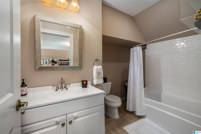 3242 Country Club Rd, Mountain Brook, AL 35213 - full bath featuring tile patterned flooring, toilet, vanity, shower / bathtub combination with curtain, and vaulted ceiling