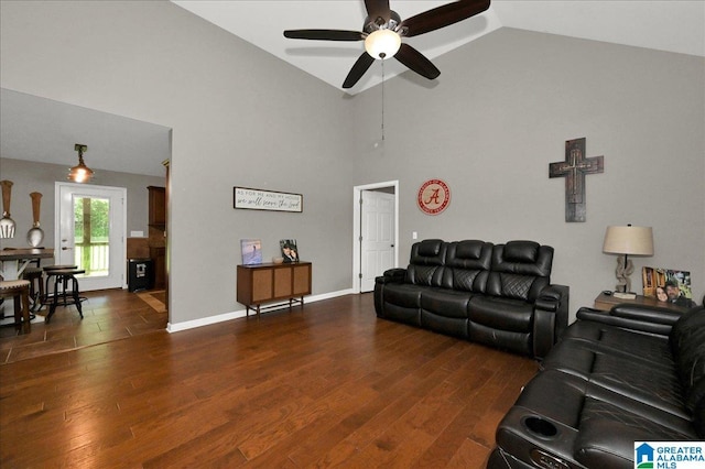 288 Briarfield Rd, Warrior, AL 35180 - living room featuring a ceiling fan, high vaulted ceiling, dark wood-style flooring, and baseboards