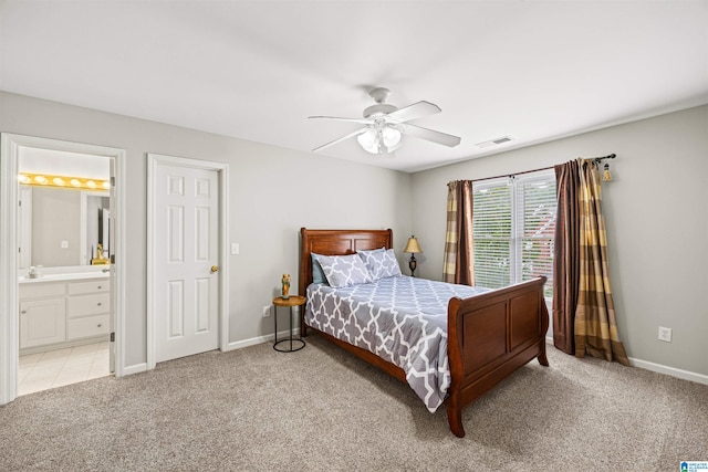 4063 Milners Cres, Hoover, AL 35242 - bedroom with light colored carpet, baseboards, connected bathroom, and ceiling fan