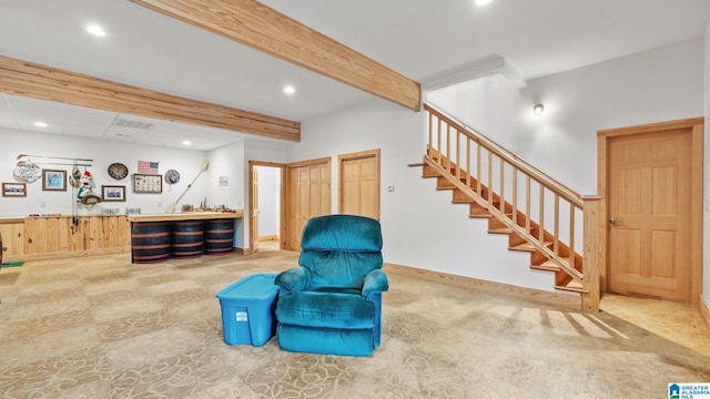 209 Ward Haven Dr, Wedowee, AL 36278 - living area with recessed lighting, stairs, carpet floors, beamed ceiling, and baseboards