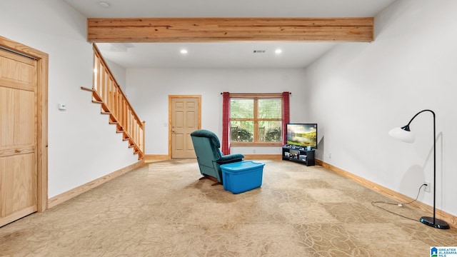 209 Ward Haven Dr, Wedowee, AL 36278 - unfurnished room featuring beamed ceiling, recessed lighting, stairway, baseboards, and carpet flooring